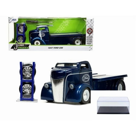 Diecast Car w/Display Case – 1947 Ford COE Flatbed w/Extra Wheels Dark Blue Metallic – Jada Toys 33853 – 1/24 scale Diecast Car