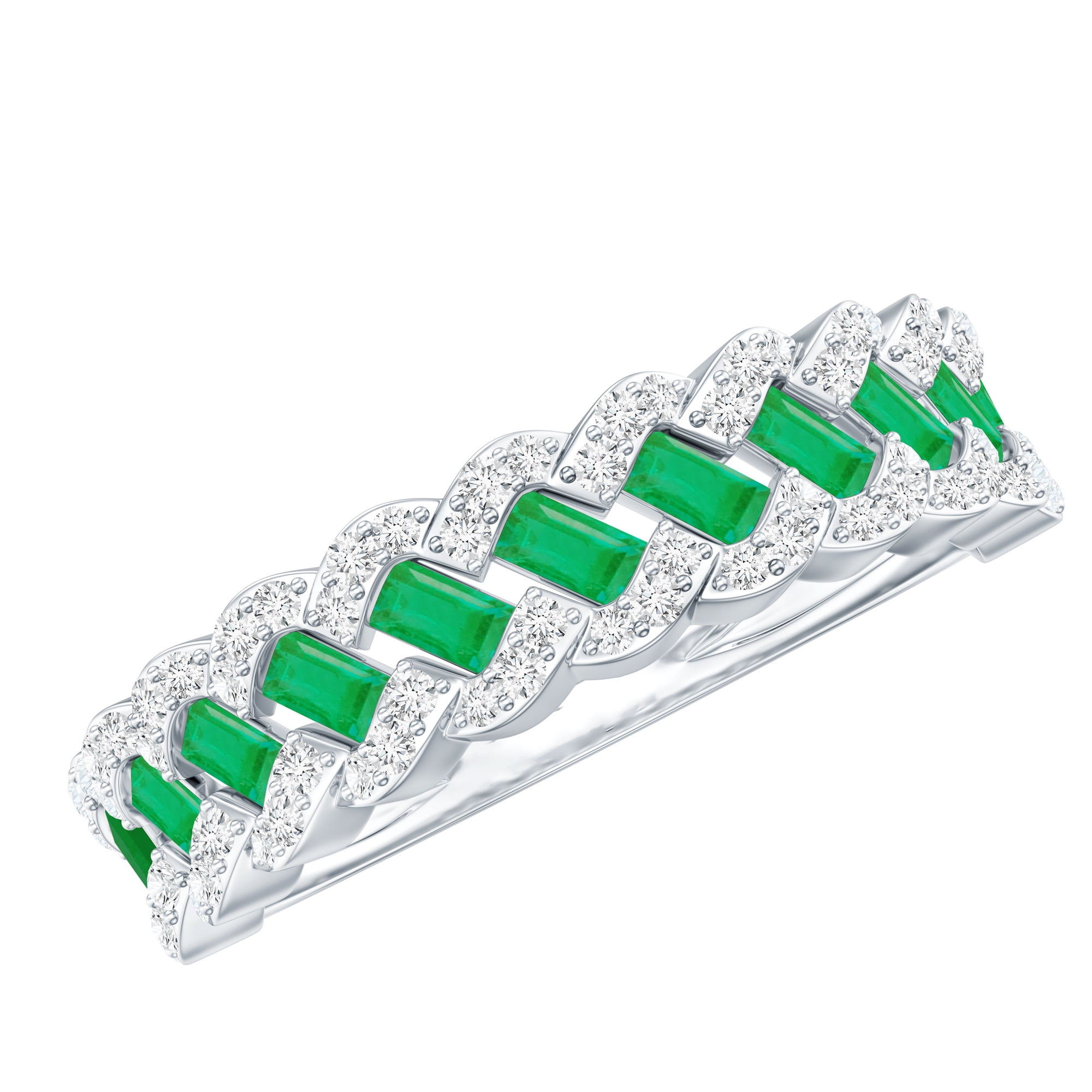 Rosec Jewels Natural Emerald Half Eternity Band with Diamond - Baguette Emerald Ring - AAA Quality - Ready to Gift for Anniversary, 925 Sterling Silver, US 4.00