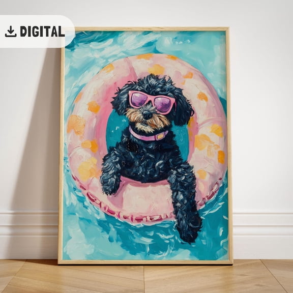Black Doodle Summer Poster: Goldendoodle Dog Wall Art, Beach House Coastal Decor, Unframed Poster Size 8x12