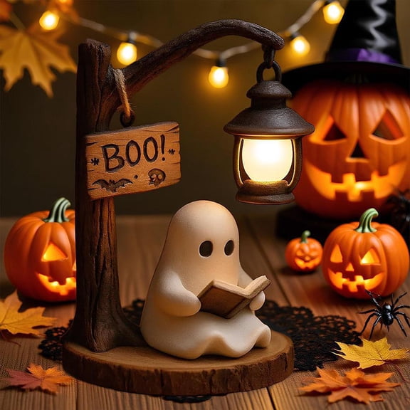 Halloween Ghost Figurine Lamp, Cute Ghost Reading Book Night Light, Resin Halloween Table Lamp for Indoor Halloween Party Decorations
