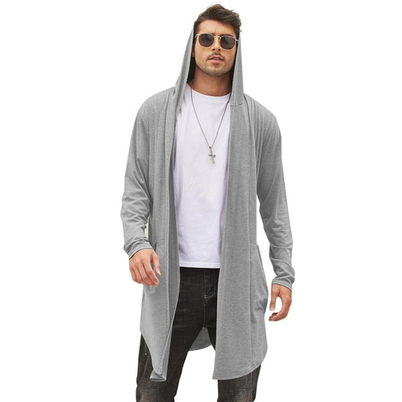 COOFANDY Men's Long Hooded Cardigan Shawl Collar Lightweight Open Front Drape Cape Overcoat with Pockets