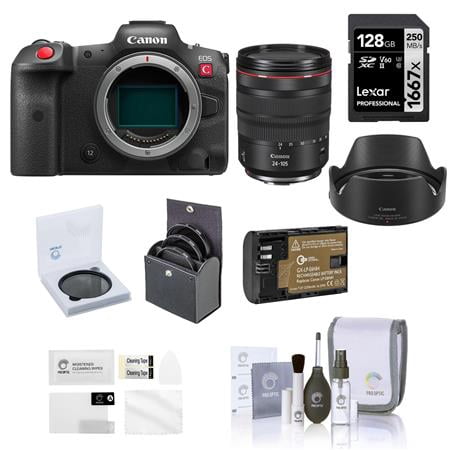EOS R5 C Mirrorless Digital Cinema Camera with RF 24-105mm f/4 L IS USM Lens, Bundle with 128GB SD Memory Card, Battery and Accessories Kit
