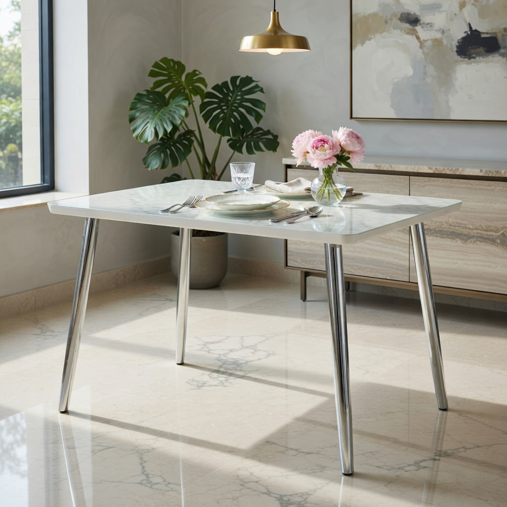 Hommoo Modern Rectangular Dining Table for 4-6 People, Tempered Glass & MDF Top with Imitation Marble Finish, Silver Tapered Metal Legs, Minimalist Design for Small Spaces, White & Sliver