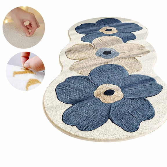 FEOLGEHLY Floral Cute Area Rug 3x5 Irregular Scalloped Rug Blue Flower Shaped Indoor Play Mat Bedroom Floor Carpet Non Slip Washable Rug for Room Living Room Entryway(16x47")