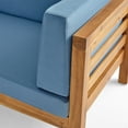 thumbnail image 5 of GDF Studio Cascada Outdoor Acacia Wood 5 Seater Sofa and Club Chair Chat Set with Cushions, Teak and Blue, 5 of 9