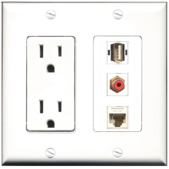 RiteAV - 15 Amp Power Outlet 1 Port RCA Red 1 Port USB A-A 1 Port Cat6 Ethernet Ethernet White Decorative Wall Plate