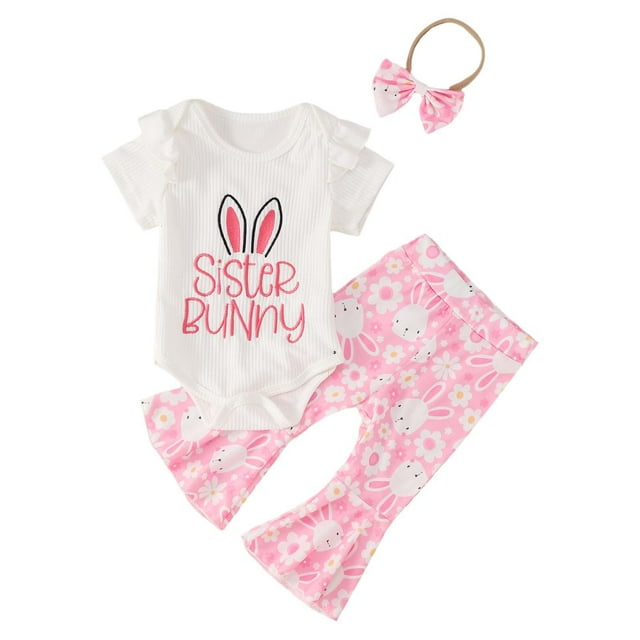 MIASHUI Easter Baby Girls Clothes Outfits Ruffle Short Sleeve Romper Flare Pants Headband Set,Pink,12-18 Months
