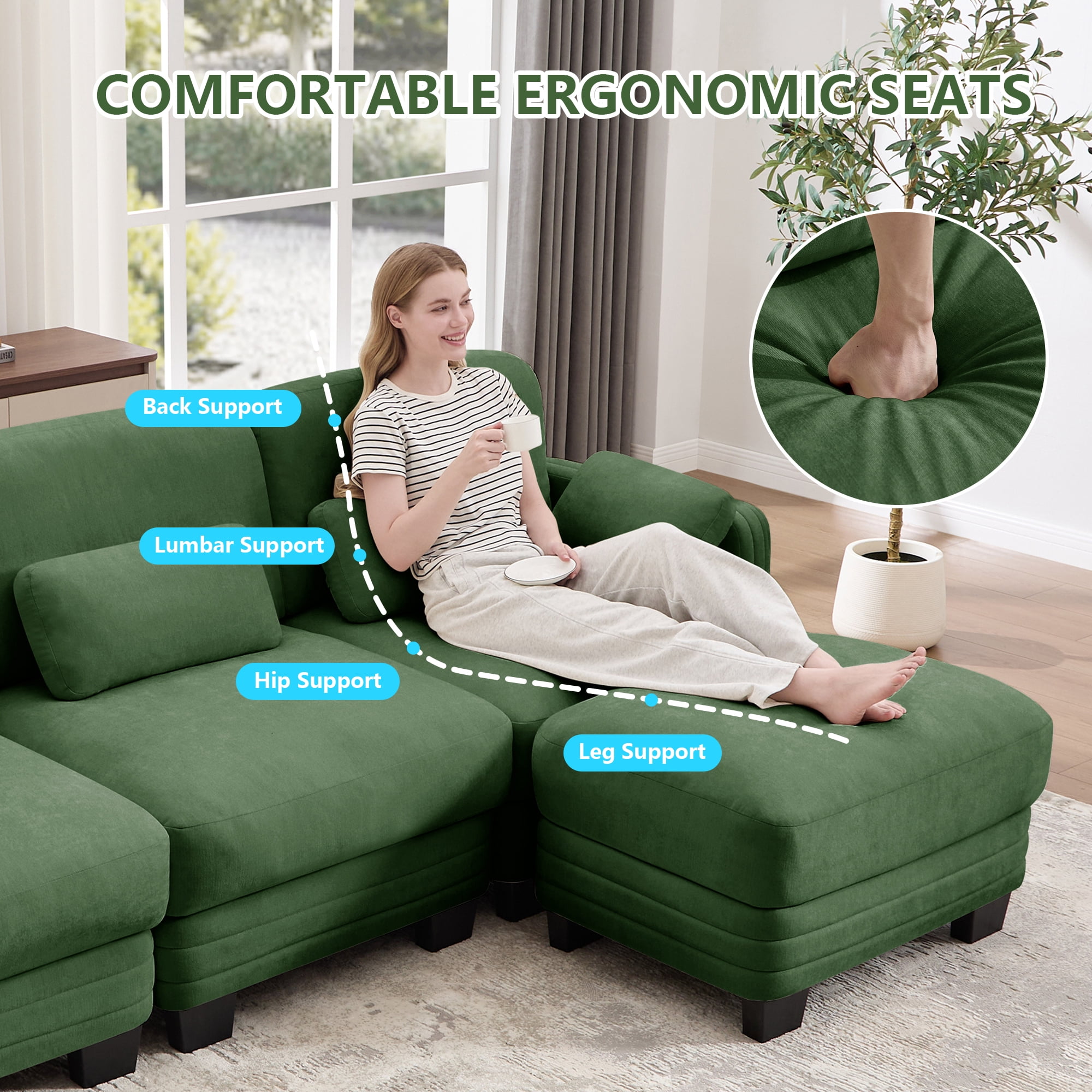 130" L Shape Modern Modular Sectional 4 Seater Sofa Couch with Movable Ottoman and 6 Pillows