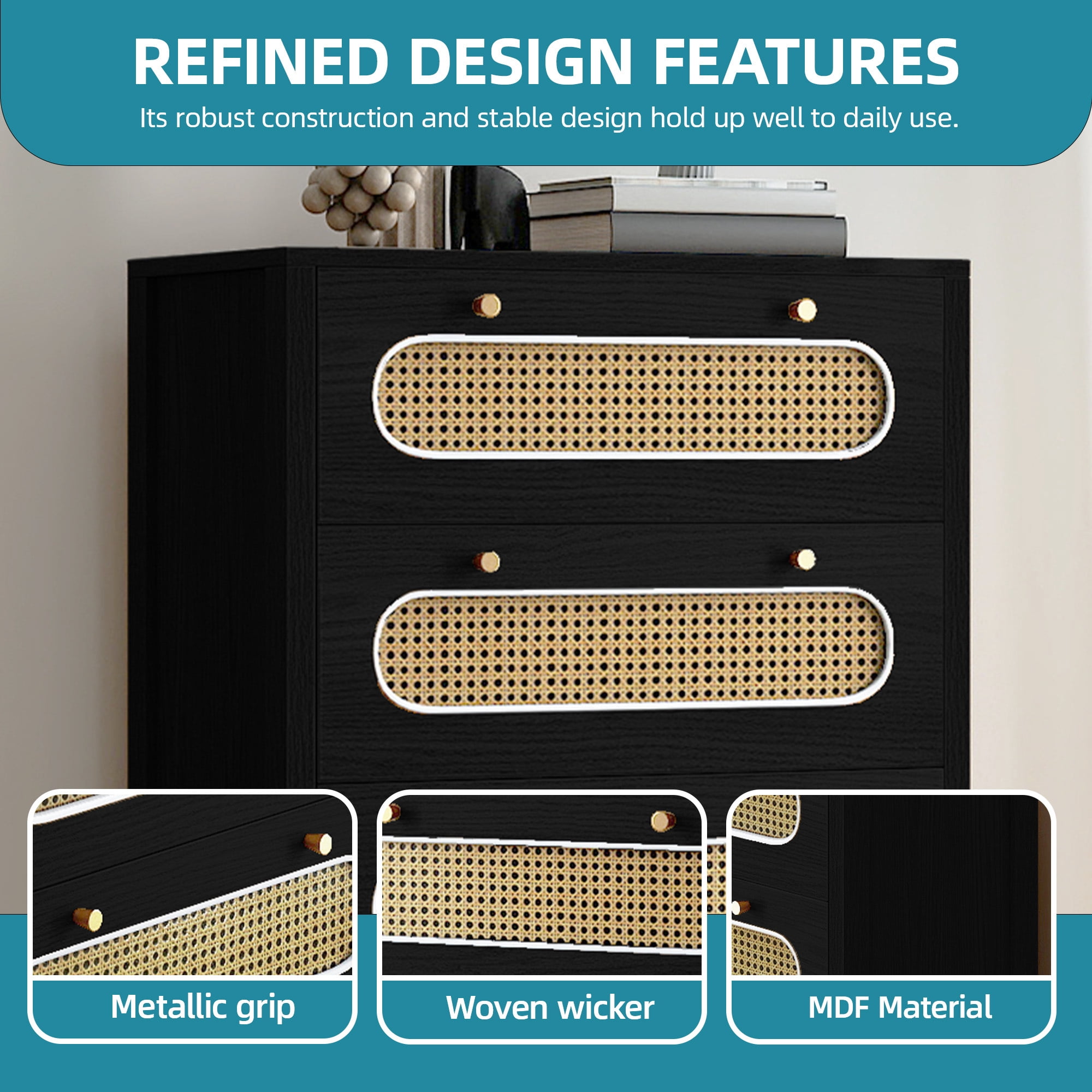 Uforic 47" 5 Drawer Tall Rattan Vertical Dresser with Metal Handles, Chest of Drawers for Bedroom, Living Room, Black Oak