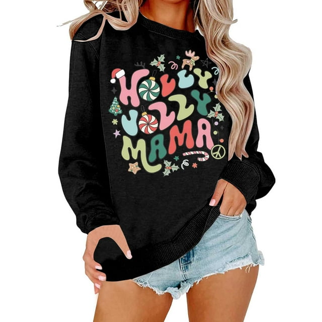 Women's Printed Round Neck Long Sleeved Sportswear Pullover Sweatshirt Sweatshirt