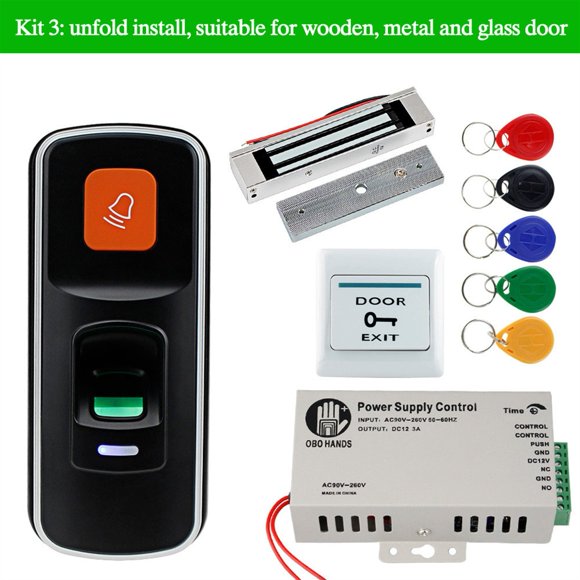 OBO RFID Door Access Control System Kit Set 125KHz Fingerprint Biometric +Electric Magnetic Electronic Locks+ DC12V Power Supply ,Ultra-Quiet Operation