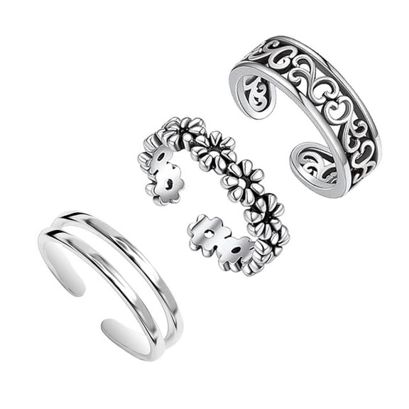 LeCalla Adjustable Hypoallergenic Sterling Silver Toe Rings Set of 3 - Flower, Heart, Band
