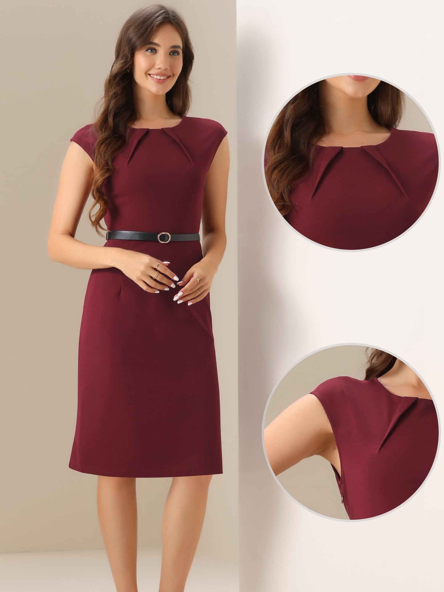 DARING DIVA Elegant Round Neck Cap Sleeve Belted Work Sheath Dresses S Burgundy