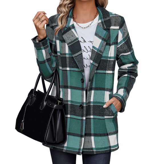 Women Plaid Shacket Jackets, Trendy Fall Winter Casual Button Peacoat Notched Lapel Blazer Coats with Pockets Green XL