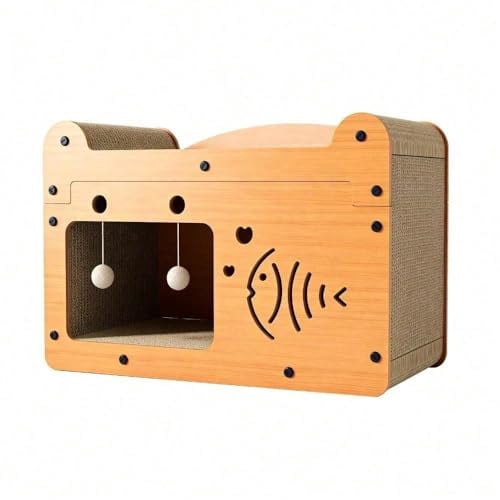 Cat Scratcher House, 2 in 1 Cat Bed and Cave with Hanging Ball Toys, Wooden Scratching Board for Kittens and Adult Cats