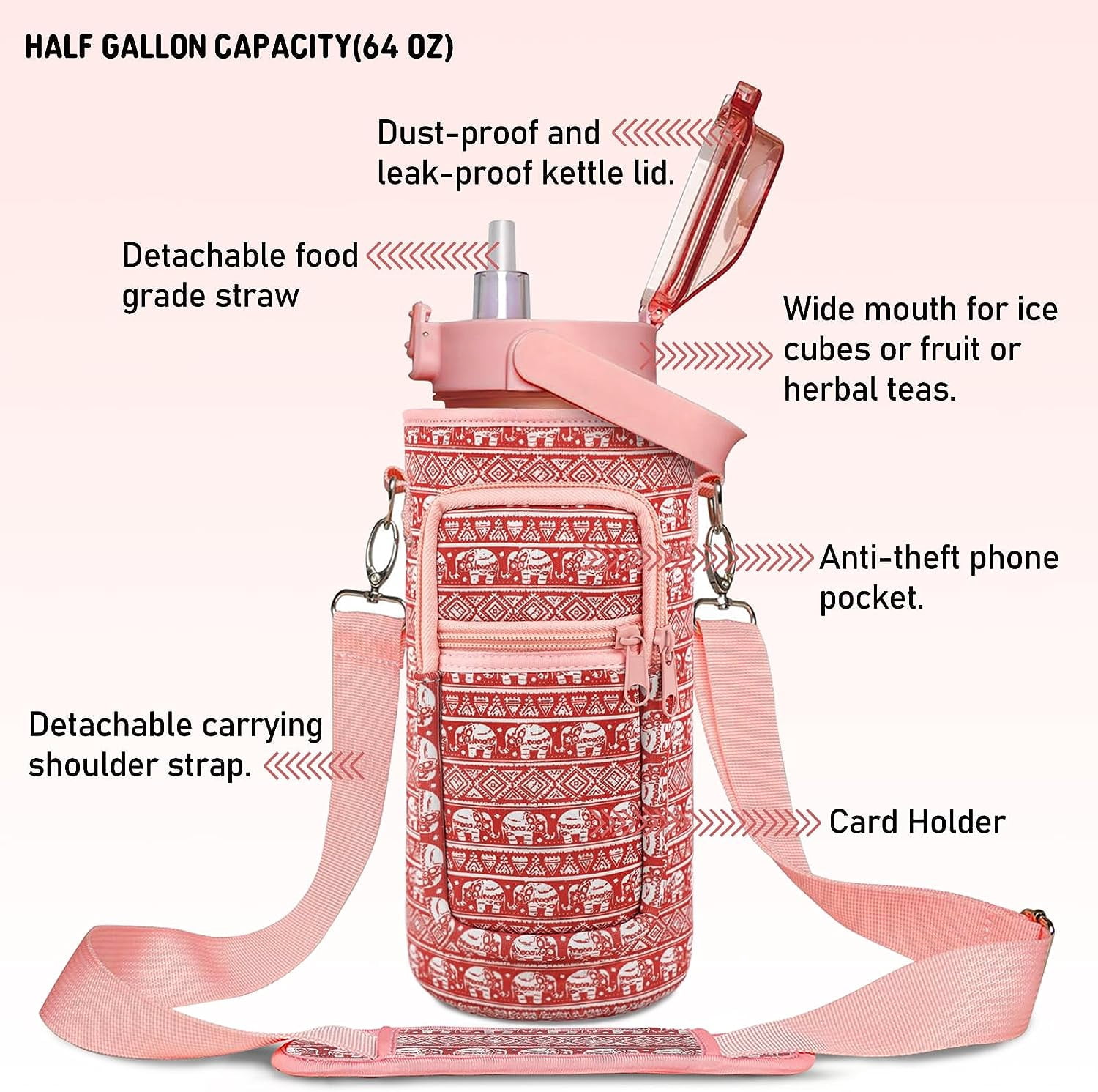 Half Gallon Water Bottle with Sleeve BPA Free 64 oz Water Jug with Straw and Time Marker, Motivational Gym Workout Pregnancy Water Bottles Gifts for Women
