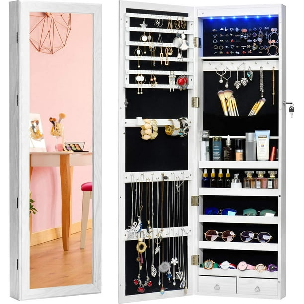 Twing Jewelry Cabinet Armoire Wall Mounted 6 Led With Full Mirror Storage Organizer Mirrored White Com Twing Jewelry Cabinet Armoire Wall, Mirror With Jewelry Storage