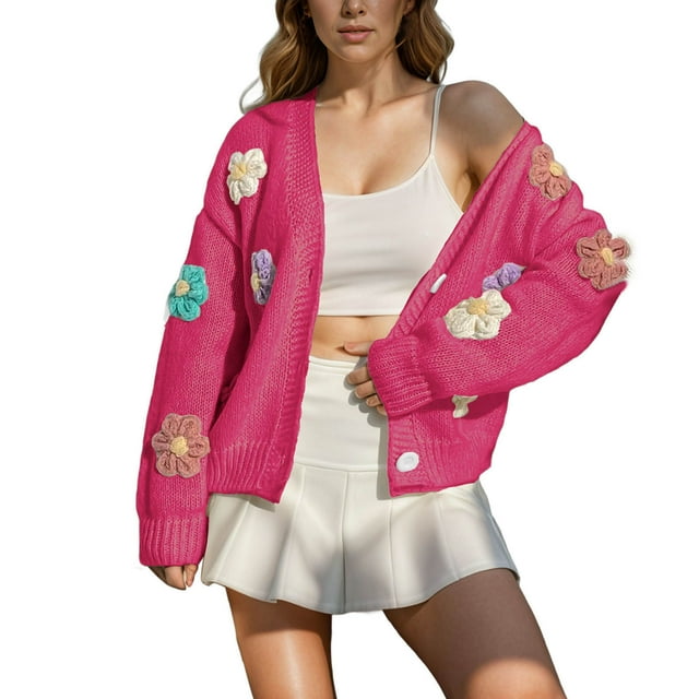 Women's Cardigan, Floral Pattern Open Front Knit Sweater, Casual Long Sleeve Button Down Cover Up For Daily Wear