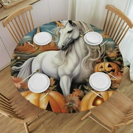

BCIIG Unicorn Pumpkin Castle Round Table Cover Stain Resistant Washable Indoor Outdoor Tablecloth Kitchen Dining Wedding Parties 100% Polyester Tablecloths Halloween with Elastic Edge 54 -58