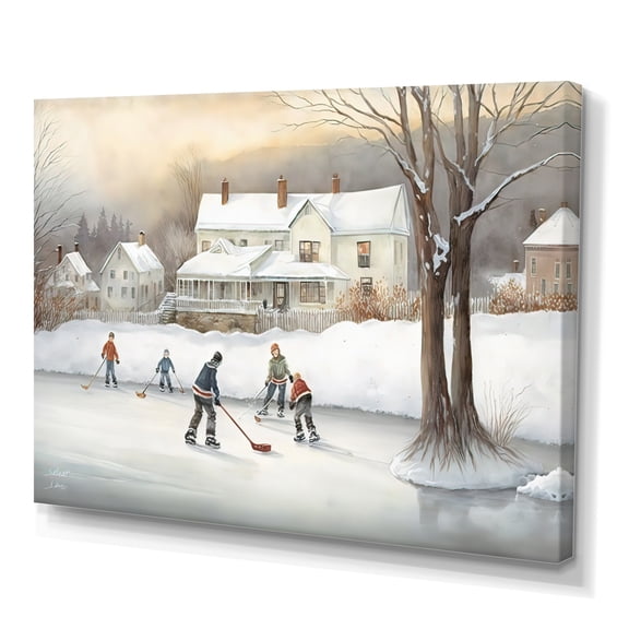 Designart Kids Playing Hockey In Winter III Canvas Wall Art