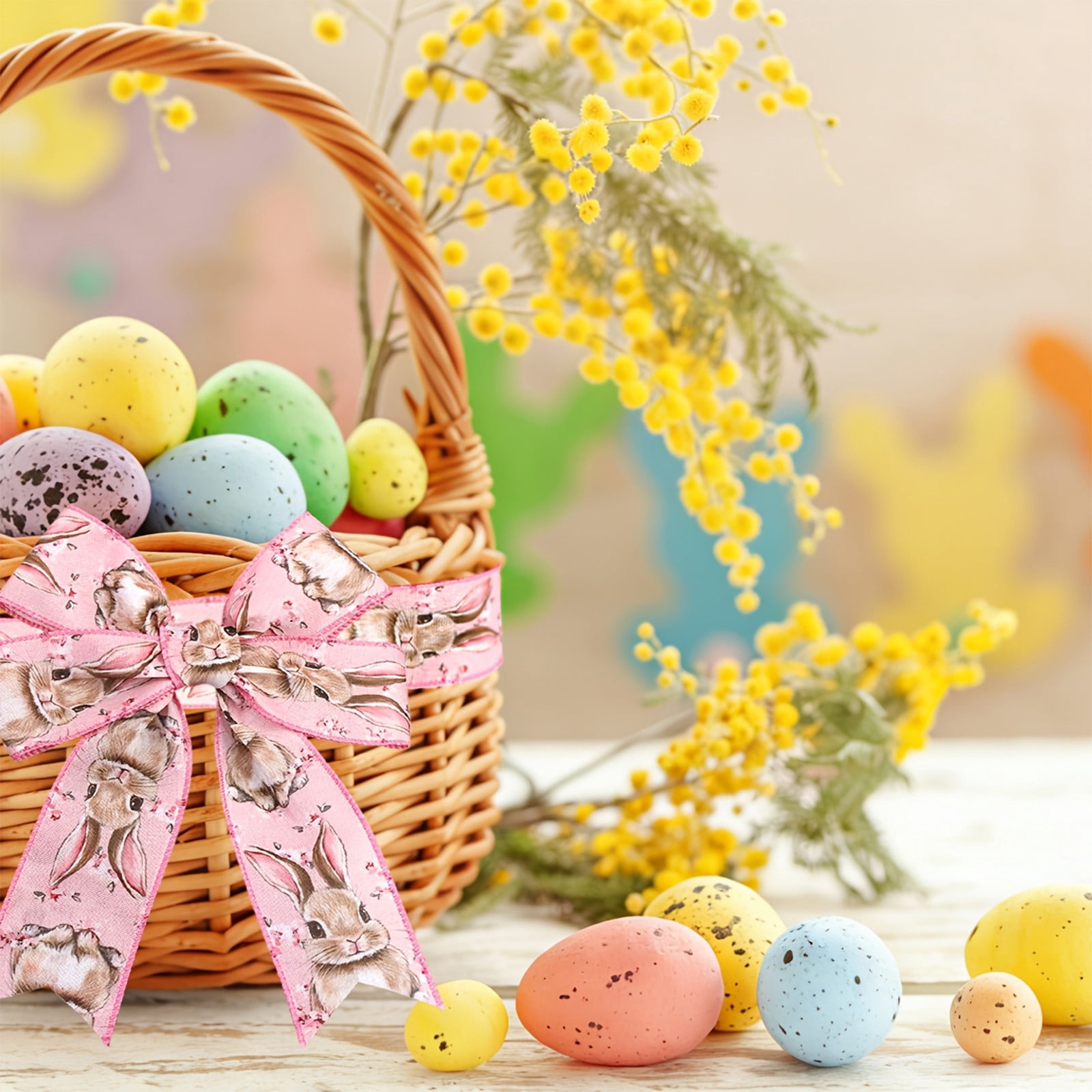 DAMAI Easter Wired Edge Ribbon Spring Floral Bunny Wired Ribbon Watercolor Easter Rabbit Flower Fabric Craft Ribbon for Gift Wrapping Floral Arrangement Wreath Bow DIY Crafts