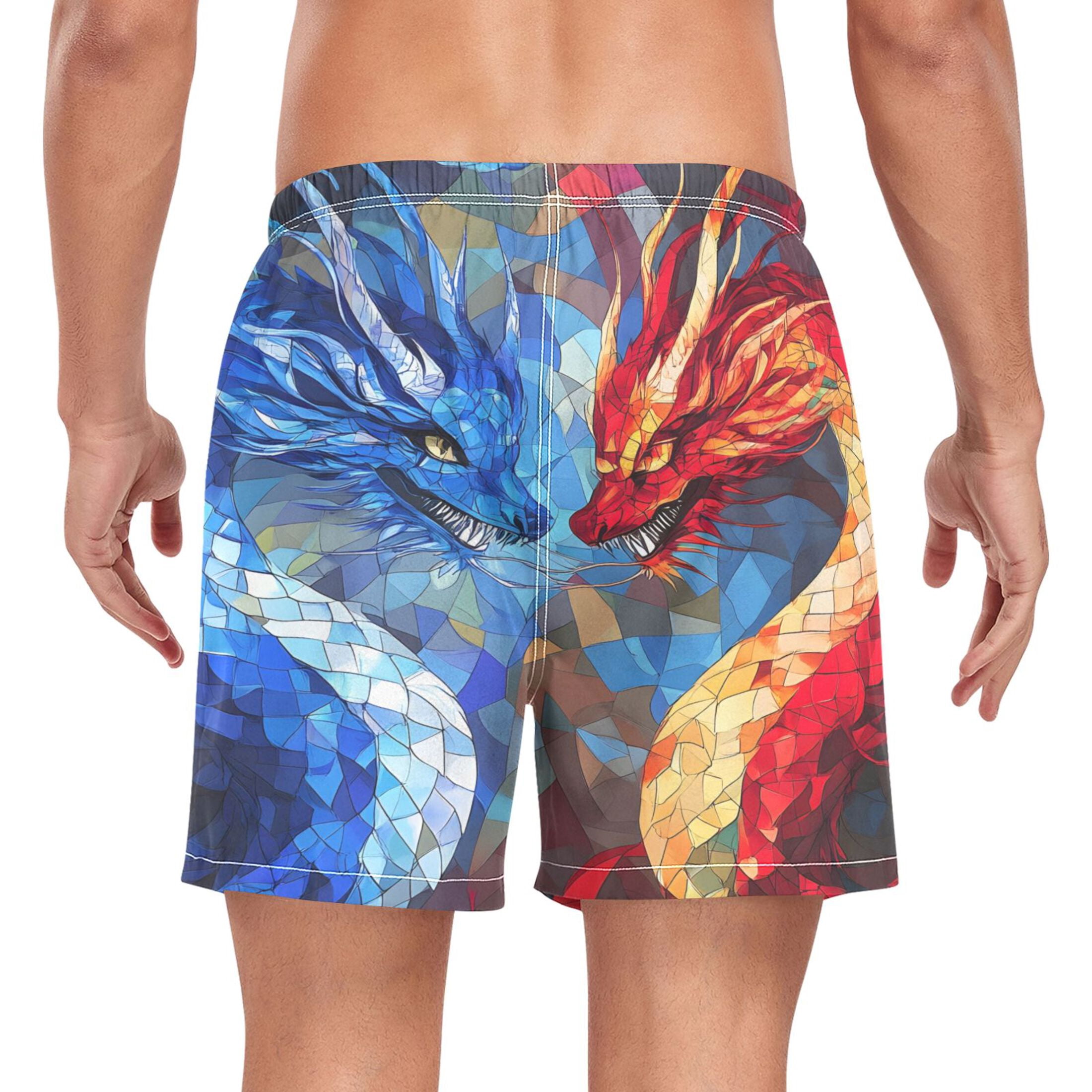 joogoo Men's Cool Art Dragons Swim Trunks with Liner Pocket Beach Shorts X-Large