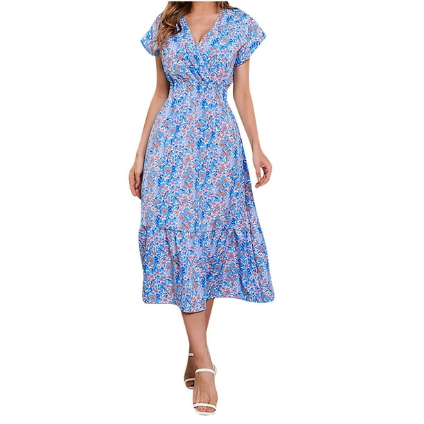 Vestidos Para Mujer Vestidos Casuales Moda Con Cuello en V Estampado Froral Vestido Suelto de Manga Corta Odeerbi ODB158363