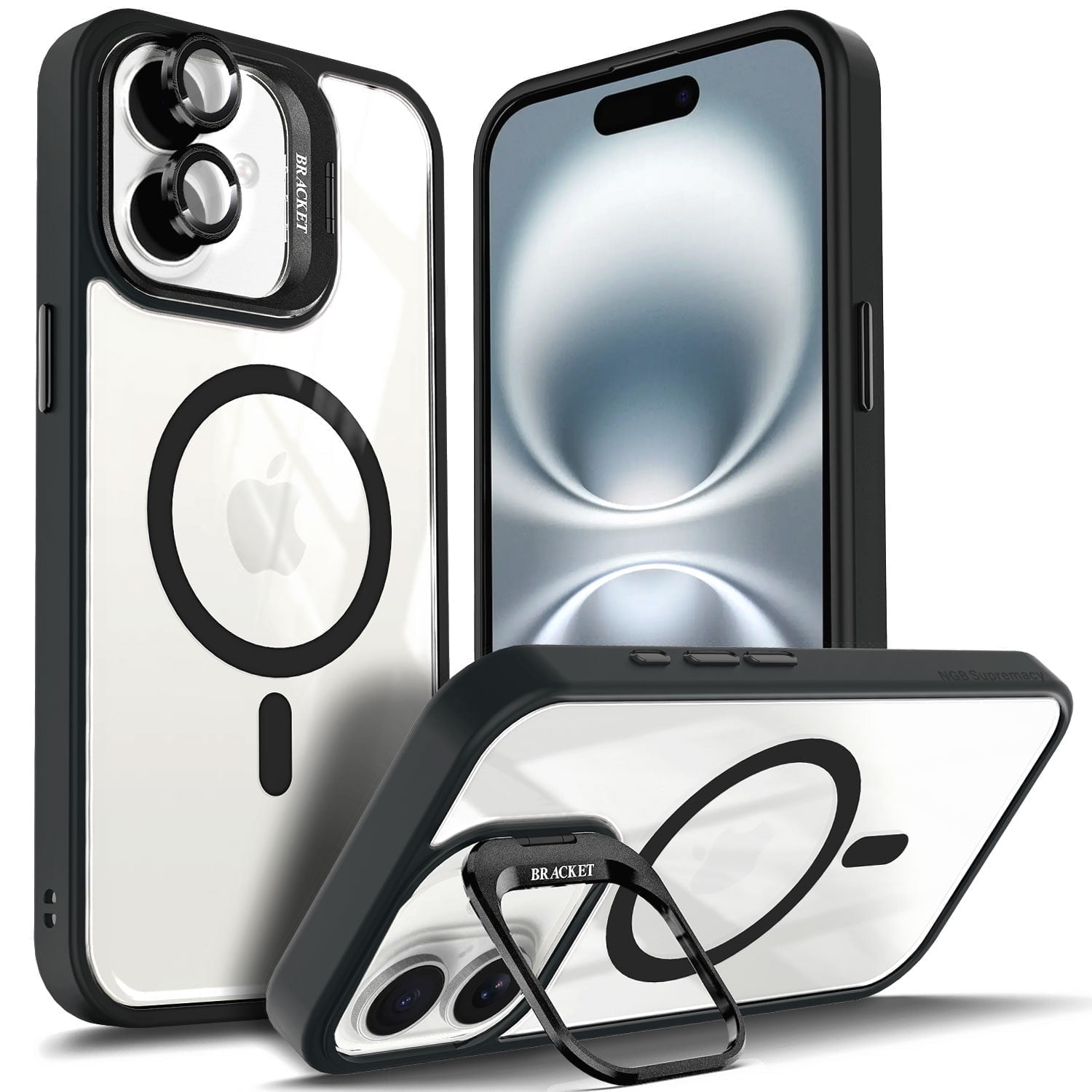 NGB SUPREMACY For iPhone 16 Case Built-In Camera Guard Kickstand Lens Protector Wireless Charging MagSafe/Qi Magnetic Car Mount Apple iPhone 16 Phone Case Cover