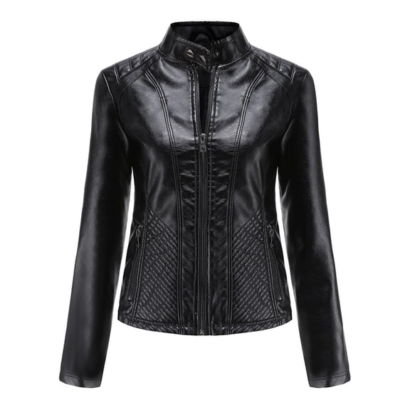 AZoiNM Women's Solid Textured PU Leather Jacket Stand Collar Casual Long Sleeve Coat