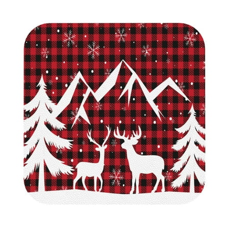 

Coaee Christmas Buffalo Plaid Print Leather Coasters Set of 6 Non-Slip Washable Cup Coasters for Home Office Bar Square