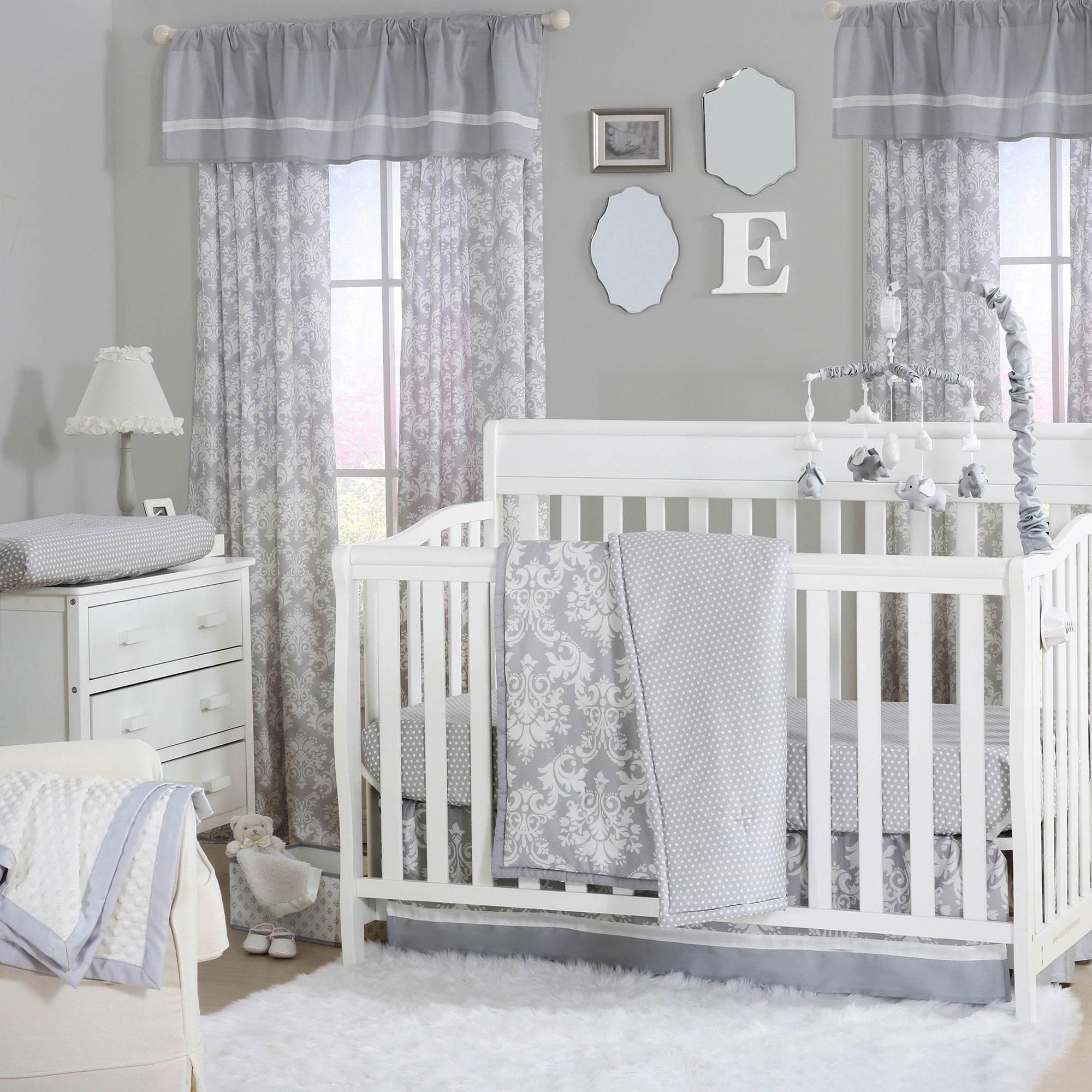 Damask Dot Grey and White Baby Girl Crib Bedding 11 Piece Sleep