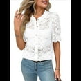 thumbnail image 3 of Womens Lace Short Puff Sleeve Casual Eyelet Crew Neck Button Down Shirts White M, 3 of 7