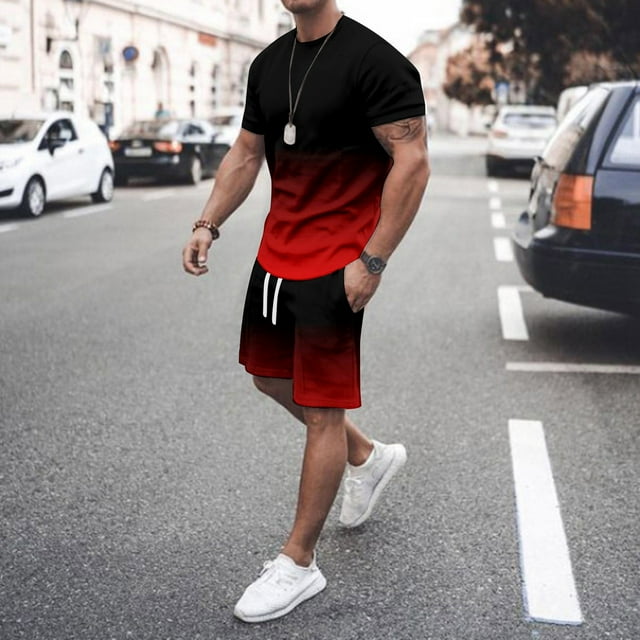 Men's Suits Contemporary Fashion Two-Piece Set Featuring 3D Digital Print Short Sleeve Top and Matching Shorts for Everyday Comfort and Style