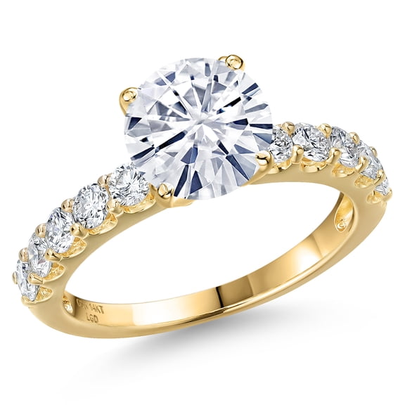 Gem Stone King 14K Yellow Gold White Moissanite and Lab Grown Diamond Engagement Ring for Women | 2.55 Cttw | Round 8MM | Gemstone Birthstone | Size 5