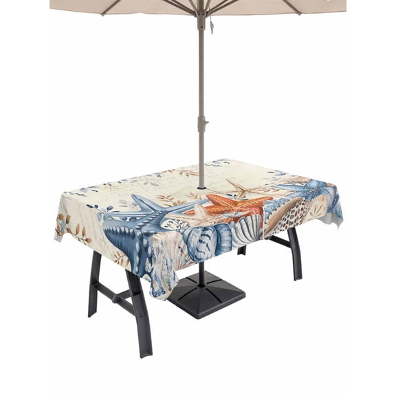 Outdoor Tablecloth with Umbrella Hole & Zipper, Blue Coastal Rectangle Tablecloth 60x120 Inch, Summer Beach Starfish Weeping Eucalyptus Retro Patio Table Cover Waterproof Table Cloth for Picnic/Party