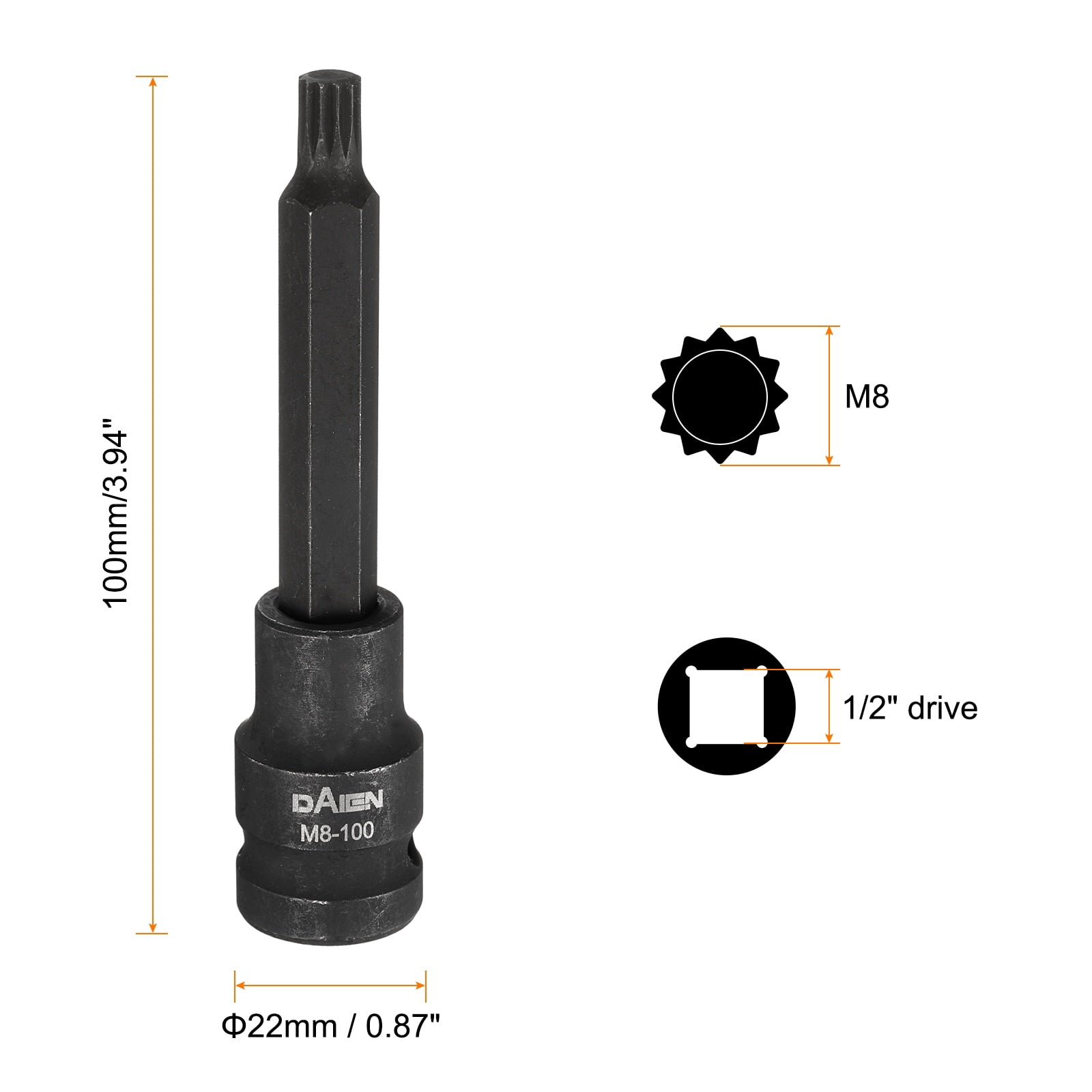Uxcell 5pcs M8 Triple Square Bit Socket 100mm/3.94" Length 1/2" Square Drive 12 Point Spline Extension Impact Bit Power Nut Driver Set S2 Steel Socket Ratchet Wrench Bits, Black