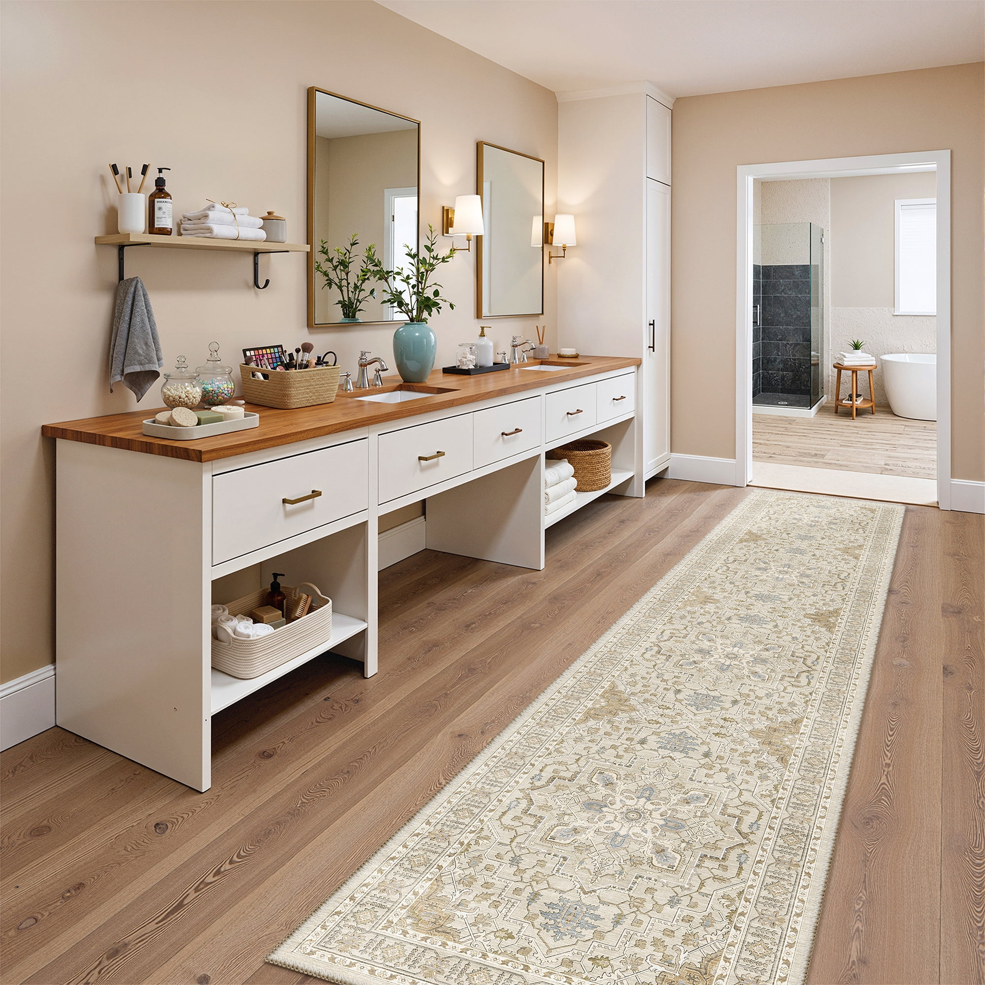 Roxstand 2'x10' Washable Runner Rug for Hallway Entrance Bedroom Entryway, Vintage Non Slip Stain Resistant Kitchen Rugs, Beige