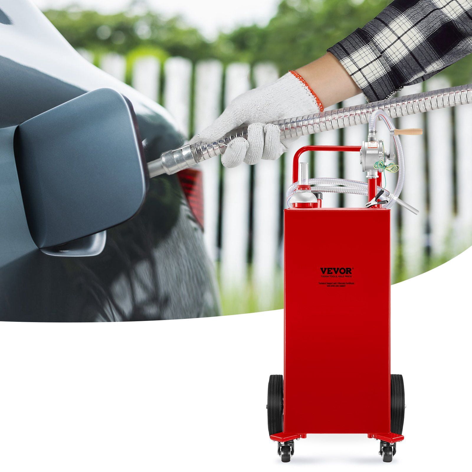 Fuel Caddy, 35 Gallon, Gas Storage Tank on 4 Wheels, with Manuel Transfer Pump, Gasoline Diesel Fuel Container for Cars, Lawn Mowers, ATVs, Boats, More, Red