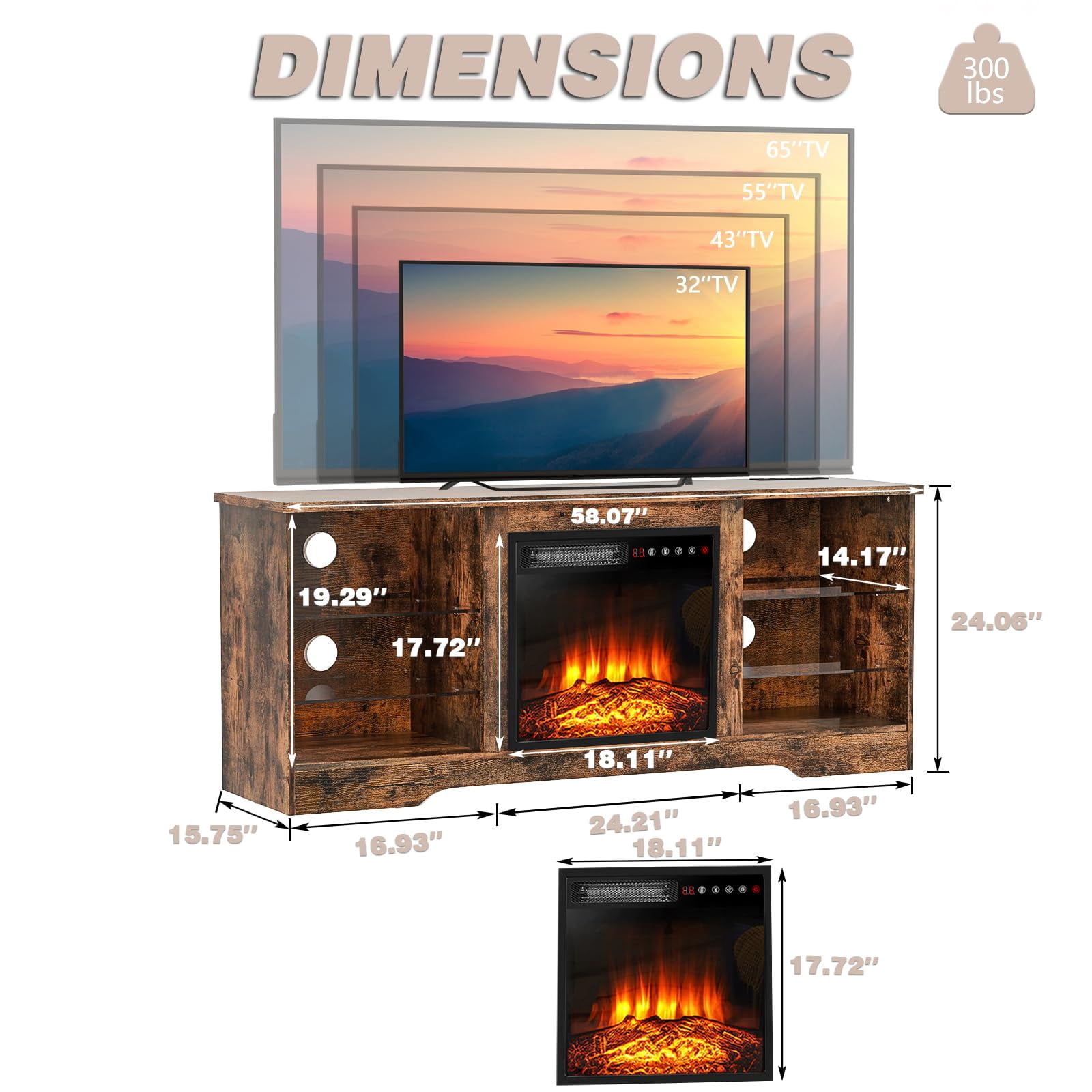 VITESSE 58 Inches TV Stand for TVs up to 65 Inches Console with 18'' Electric Fireplace ＆ Remote, Wooden Mid Century Modern Entertainment Center for Living Room with LED Light Glass Shelves