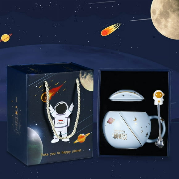 SHAR Cute Novelty Mugs Ceramic Coffee Mugs with Lid Astronaut Stainless Steel Spoon, Morning Ember Mushroom Cup and Milk Mug for Women or Men Sky Blue 400ml/15oz