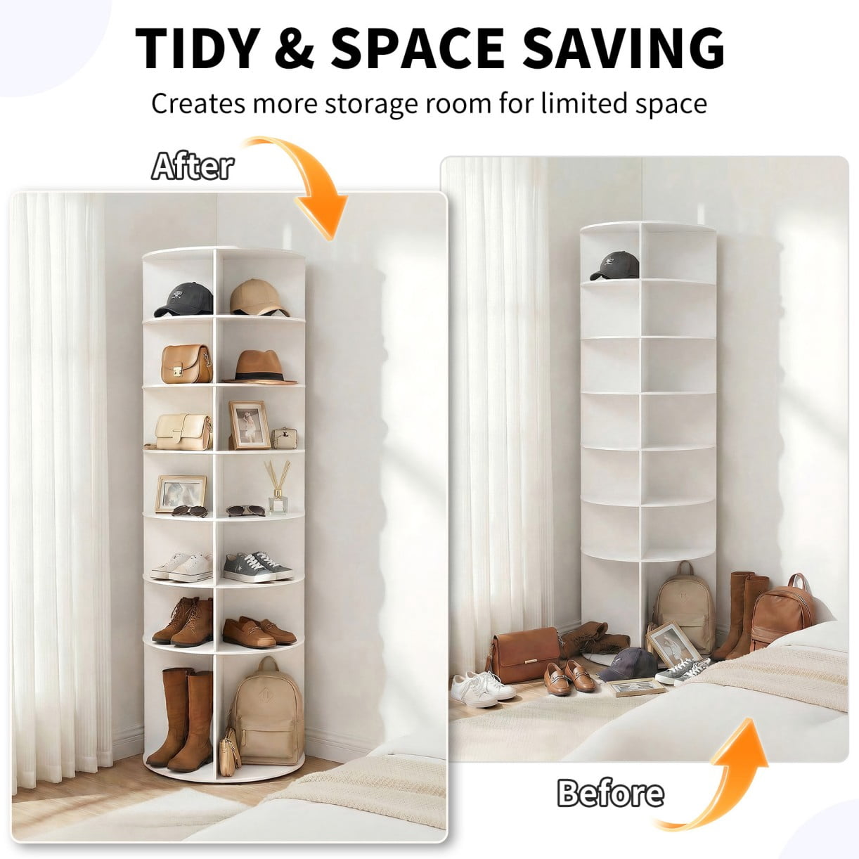 Hassch 7-Tier Rotating Shoe Rack, 360° Revolving Corner Organizer Tower for Bedroom Entryway Closet, Holds 28-32 Pairs of Shoes Handbags Hats Display Decor (White)
