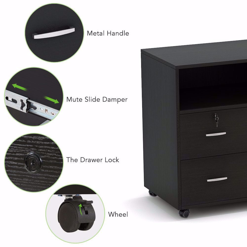 Mobile Lateral Filing Cabinet With Locks And Wheels Home Office Black Open Storage Shelves For Study 2 Drawer Storage Printer Stand Tribesigns Wood File Cabinet File Cabinets Mobile File Cabinets