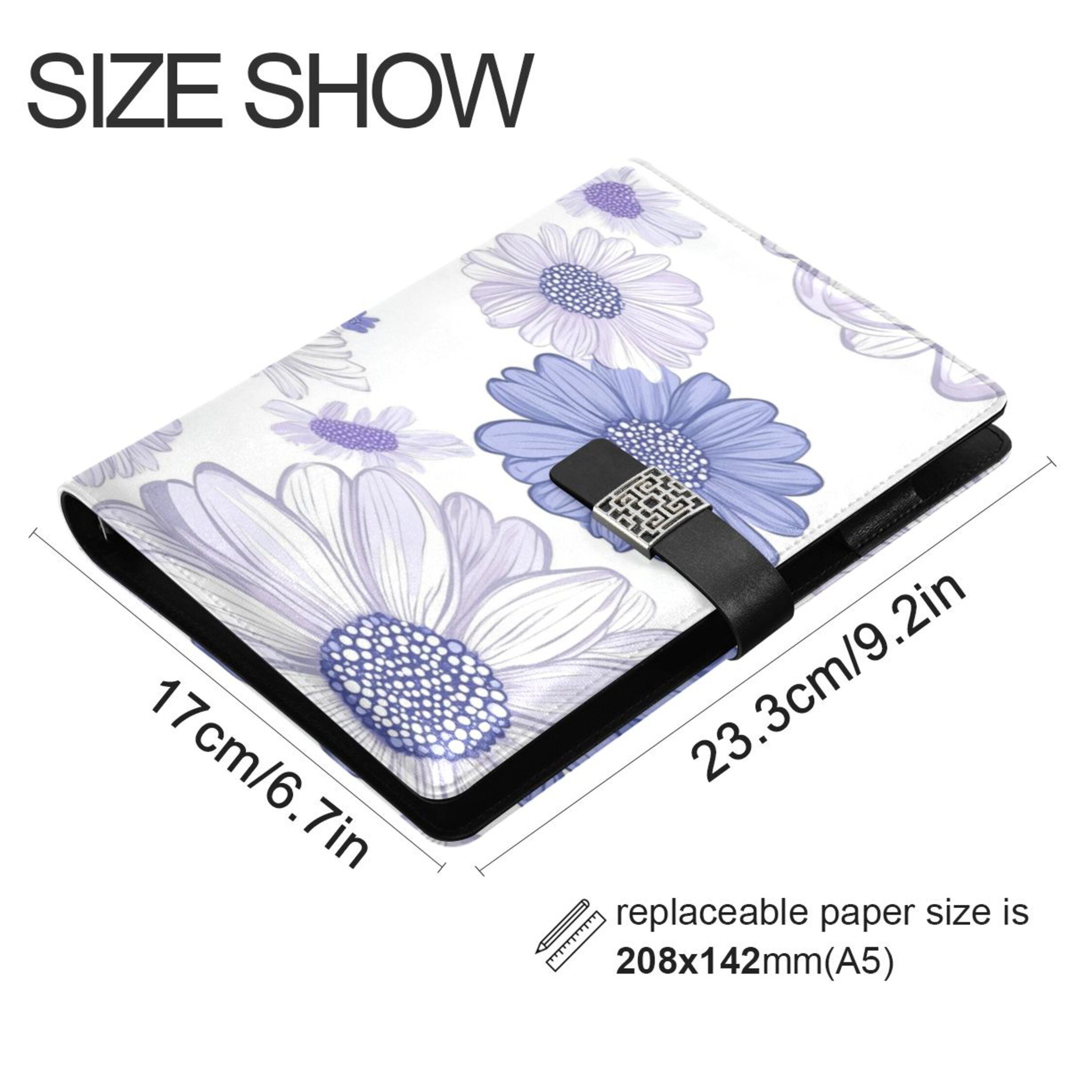 9.2x6.7 inch Leather Notebook 100 Sheets, Multi-Pocket Design & Pen Loop Large Daisy Flowers Refillable Journal Organizer