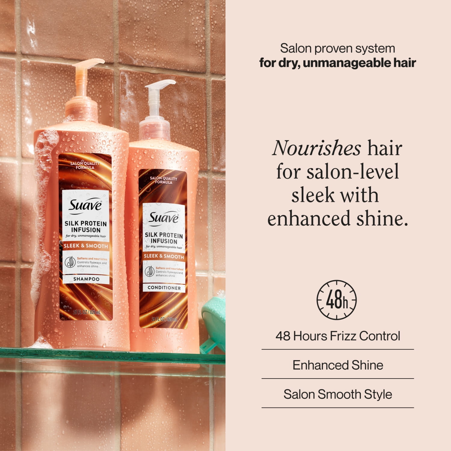 Suave Silk Protein Infusion Sleek & Smooth Conditioner for Dry, Unmanageable Hair, 28 FL OZ