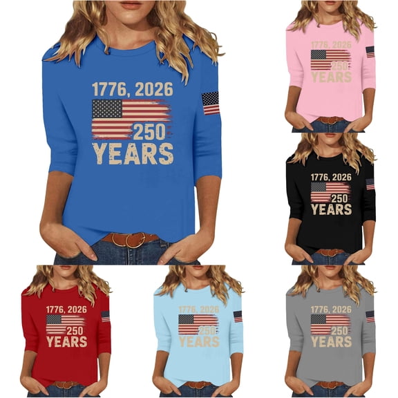 CUZIBR Patriotic Graphic T Shirt For Women 4Th Of July Long Sleeve Crewneck Holiday Casual Comfortable Tee Summer Fall Basic Layering 250 Years Celebration Anniversary Shirts Top,Blue,M