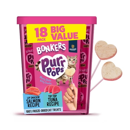 BONKERS Purrpops Freeze-Dried Tuna & Salmon Flavored Lollipop Treats for Cats, 18 Pack