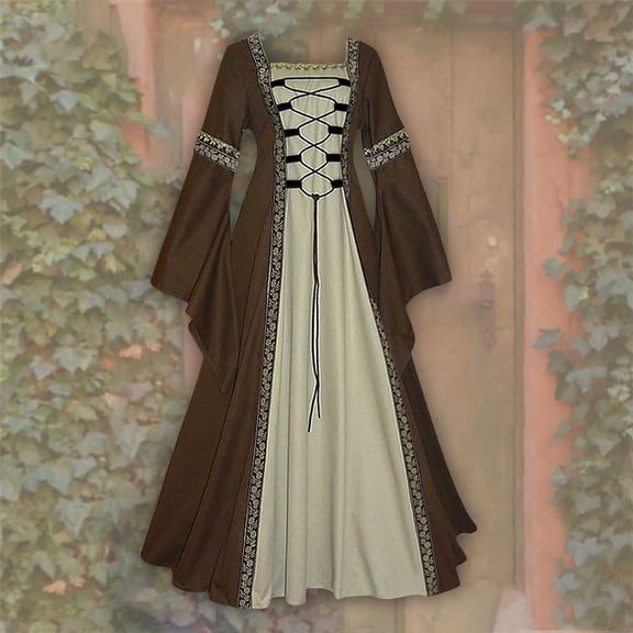 Women's Medieval Costume Dress, Vintage Long Sleeve Lace-Up Cosplay Outfit with Panelled Design, Renaissance Court Gown for Halloween Party, Theme Events, Stage Performance and Costume Convention