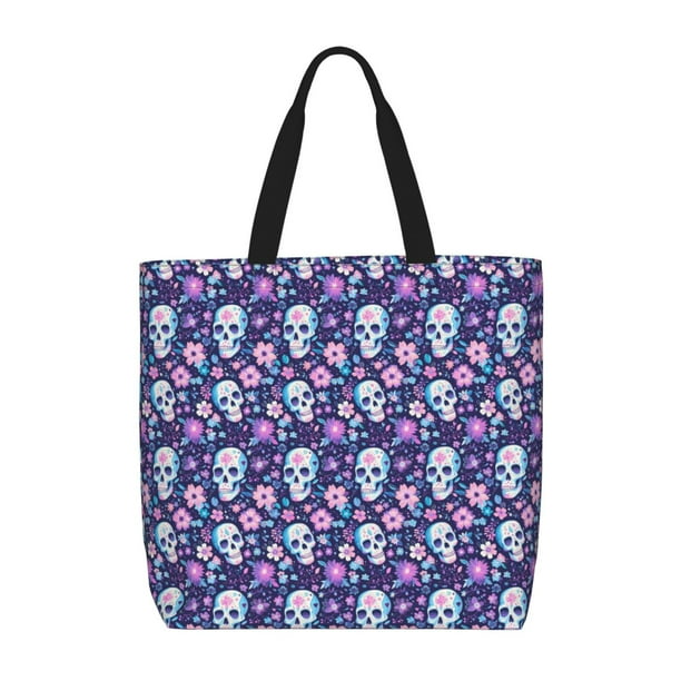 Fotbe Skull Purple Flower Bolsa Tote con Estampado para Mujer, Bolsos con Cremallera, Bolsa de Hombro Casual de Gran Capacidad con Bolsillos Internos