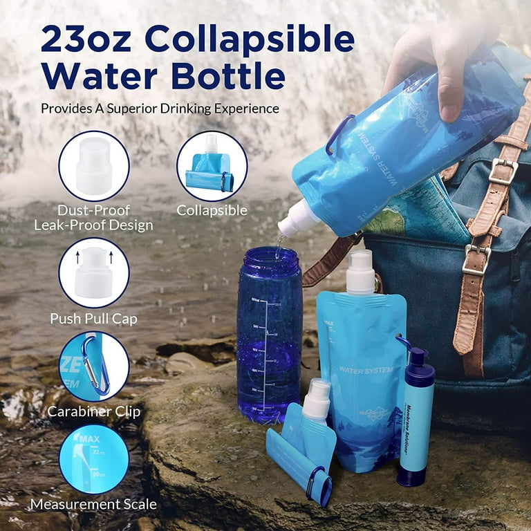 Membrane Solutions Squeeze Water Filtration System, Portable Water Purifier Kit WS02 Detachable Water Filter Straw with 4 Pack 23oz Collapsible Water
