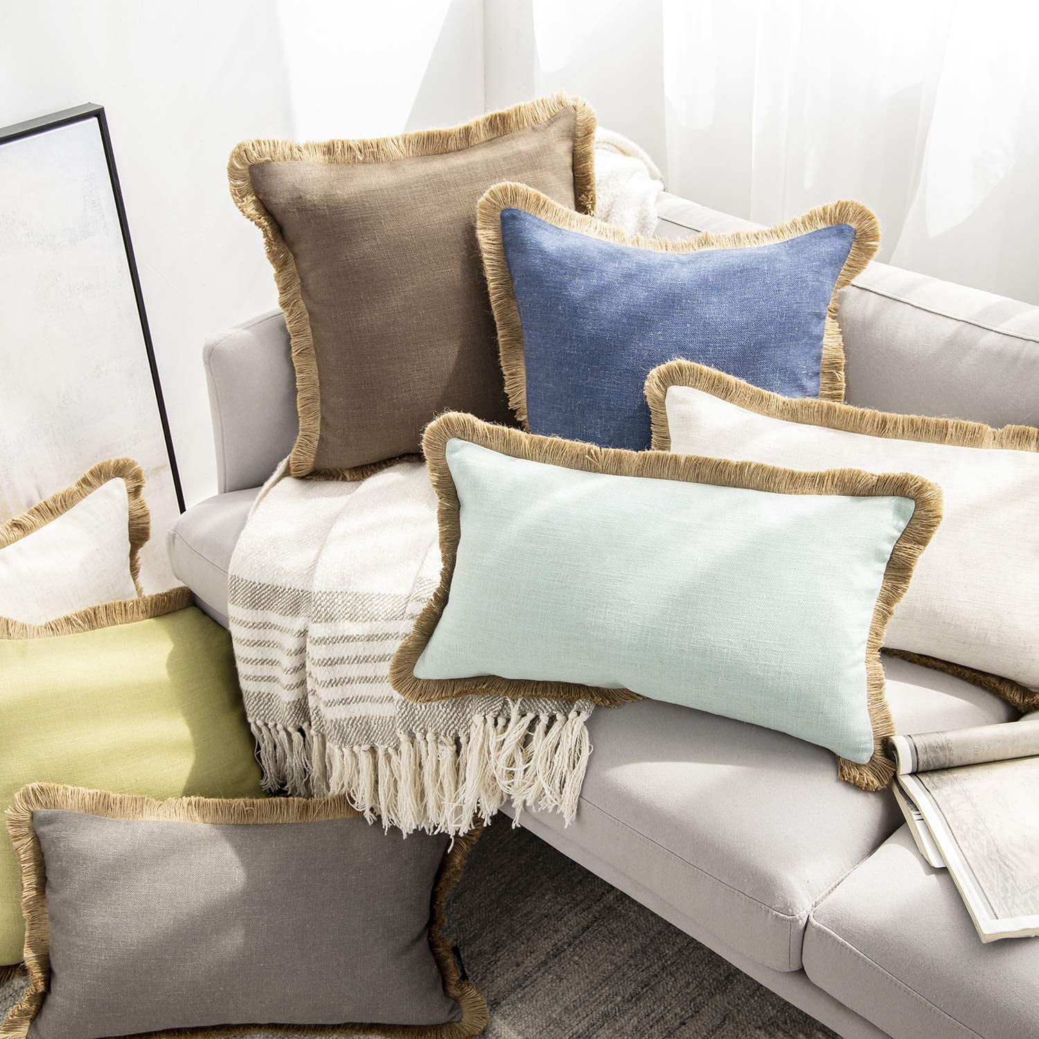 Phantoscope Linen Tassel Trimmed Farmhouse Series Decorative Throw Pillow, 18" x 18", Light Blue, 2 Pack